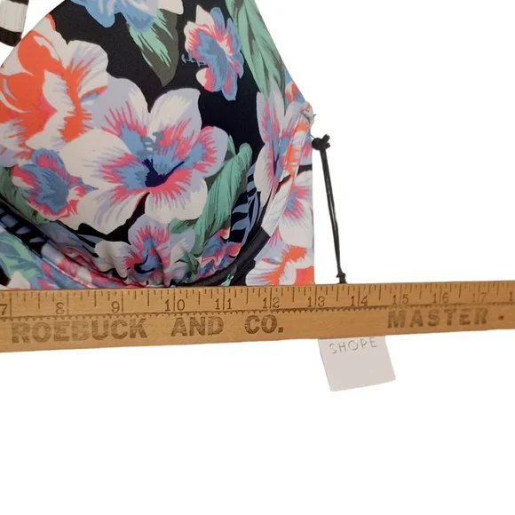 SHADE & SHORE Colorful Blue Floral Print White Stripe Halter Bikini Top 34D - Picture 8 of 9